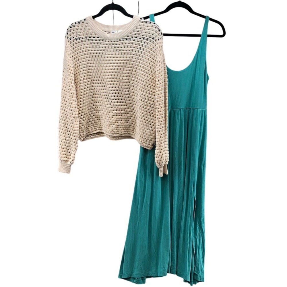 Roxy A‎ New Day Dress Sweater Set Womens Medium Teal Cream Boho Maxi 2 Piece